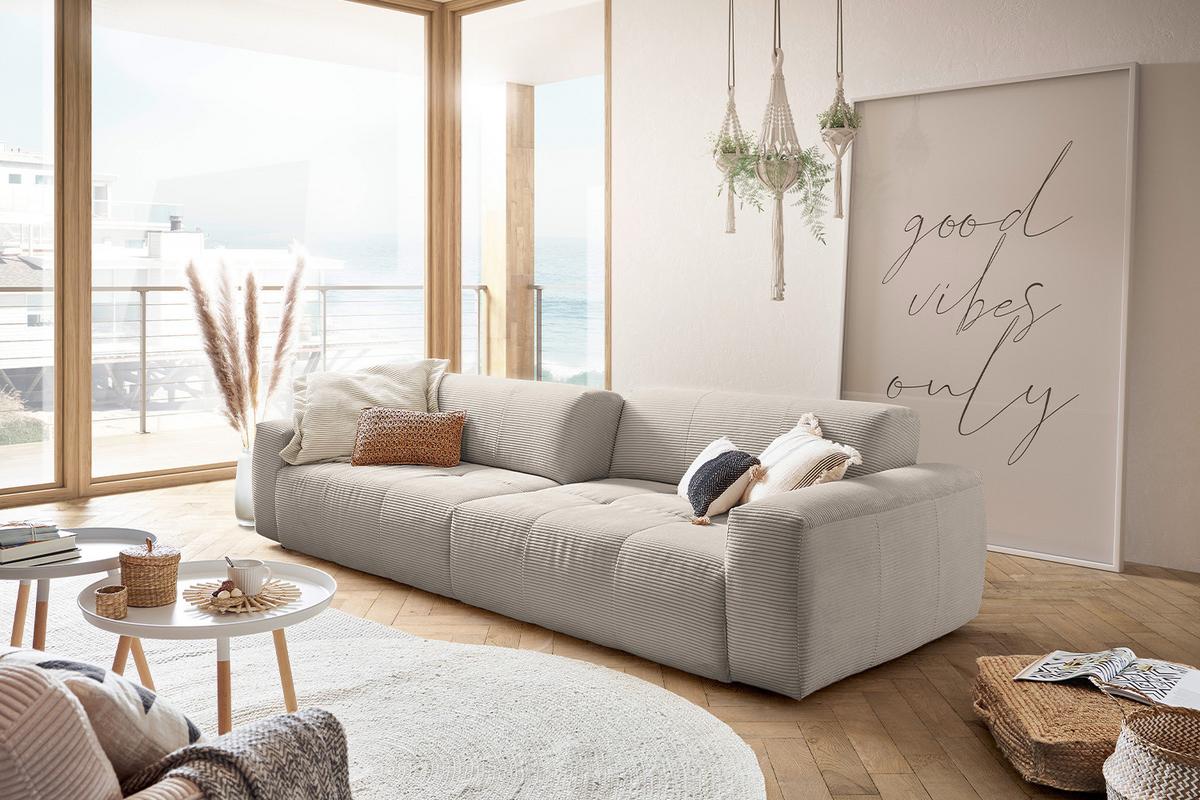SOFA MIT SITZTIEFENVERSTELLUNG PALACE Steingrau Cord Relaxfunktion - Greige/Schwarz, Kunststoff/Textil (298/74/120cm) - KAWOLA