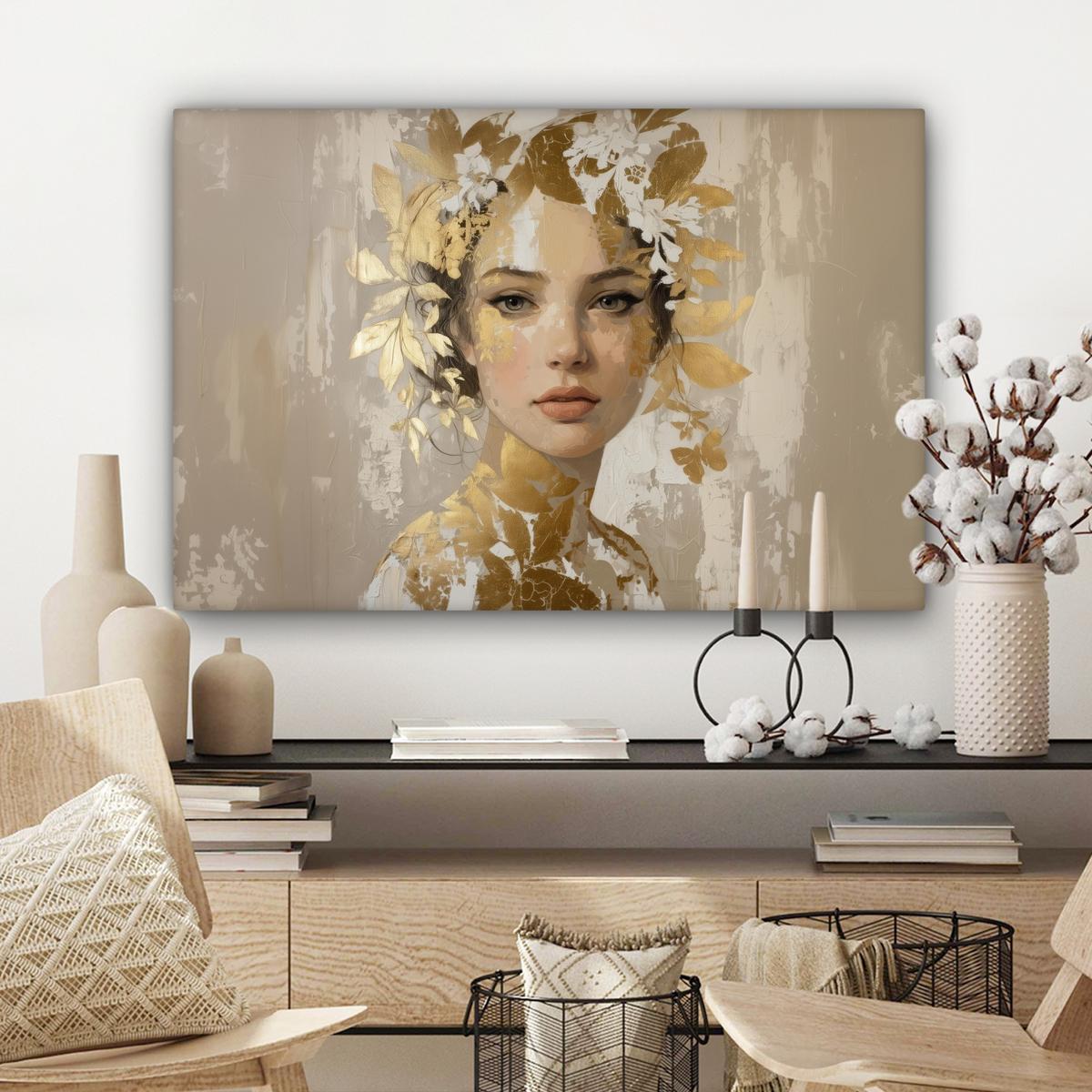 LEINWANDBILD Gesicht - Frau - Blätter - Gold Gemälde 60x40 cm - Beige, Textil (60/40cm) - MuchoWow