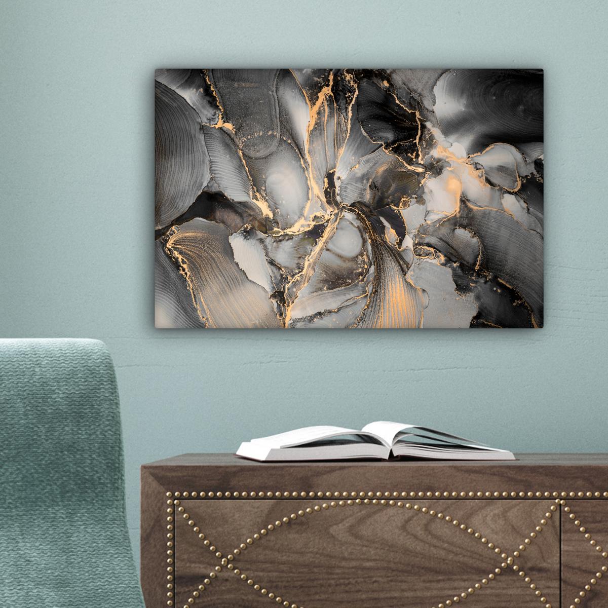 LEINWANDBILD Grau - Luxus - Gold - Marmor Deko Schlafzimmer 30x20 cm - Dunkelgrau, Textil (30/20cm) - MuchoWow
