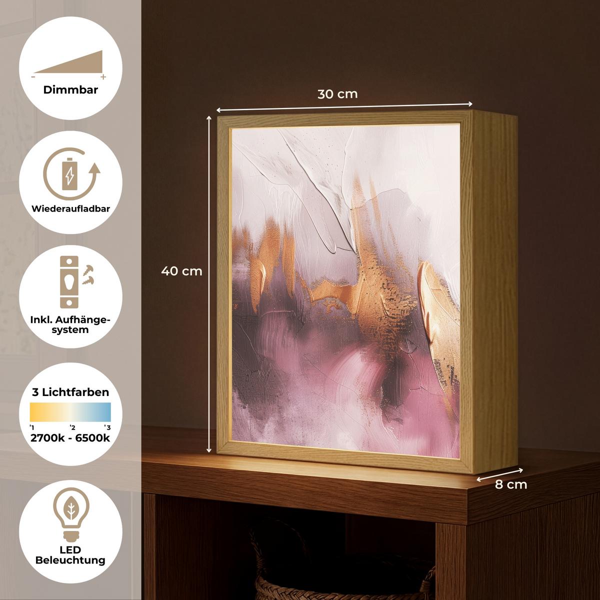 WANDLEUCHTE MIT AKKU Lila - Abstrakt - Farbe - Gold 30x40 cm - Mauve, Holzwerkstoff (30/40/8cm) - OnlyWow