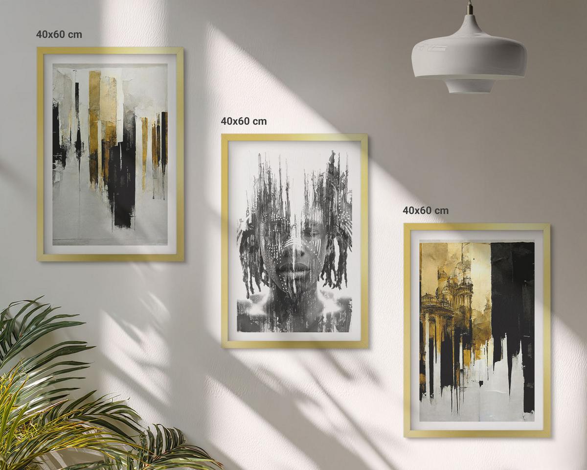 BILDER SET 3er Set - 40x60 cm Goldrahmen - Kontrastierende abstrakte Porträts - Goldfarben, Kunststoff (40/60cm) - TULUP