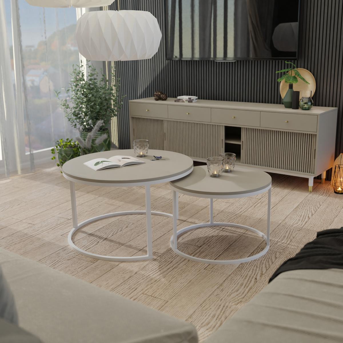 COUCHTISCH rund Klein, Kaschmir, Rahmen Weiß - Beige, Holzwerkstoff (70/70/48cm) - Idohome
