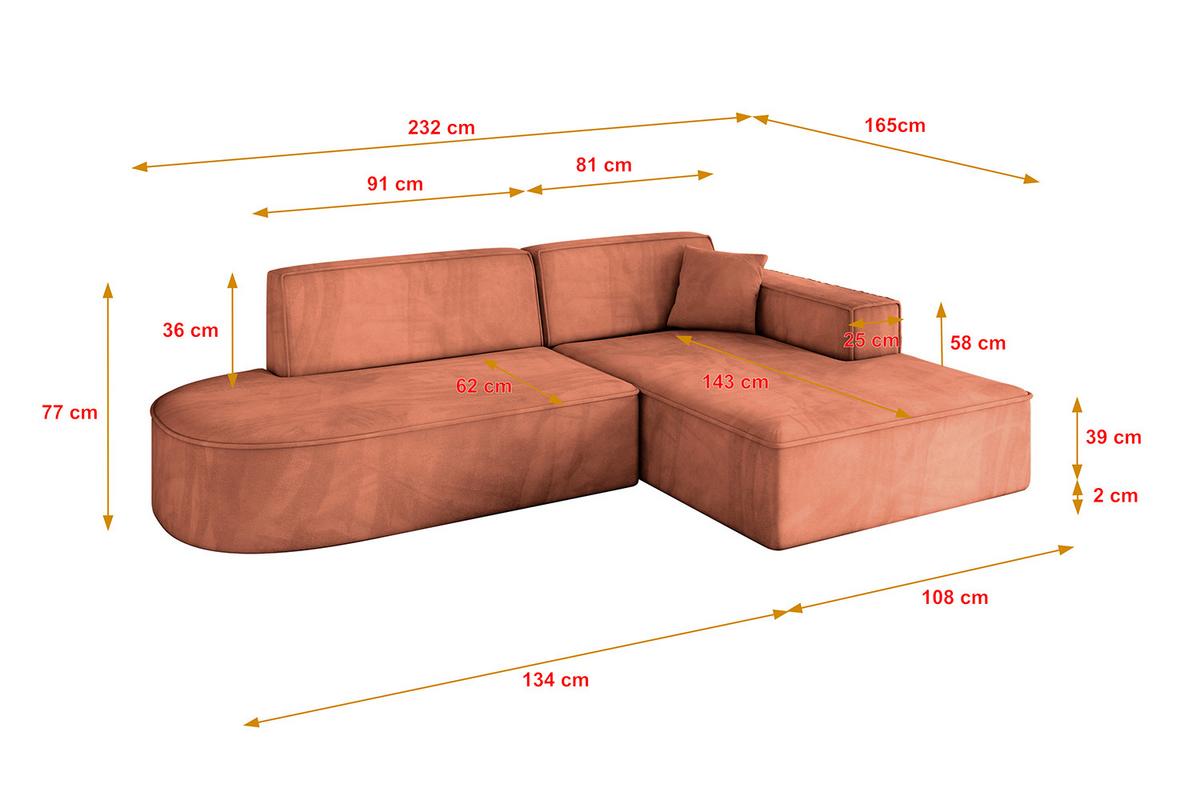 ECKSOFA Ottomane Rechts IREA-L1-v4 - 232x165x77 cm Apricot - Koralle, Holzwerkstoff/Textil (232/165cm) - ALTDECOR