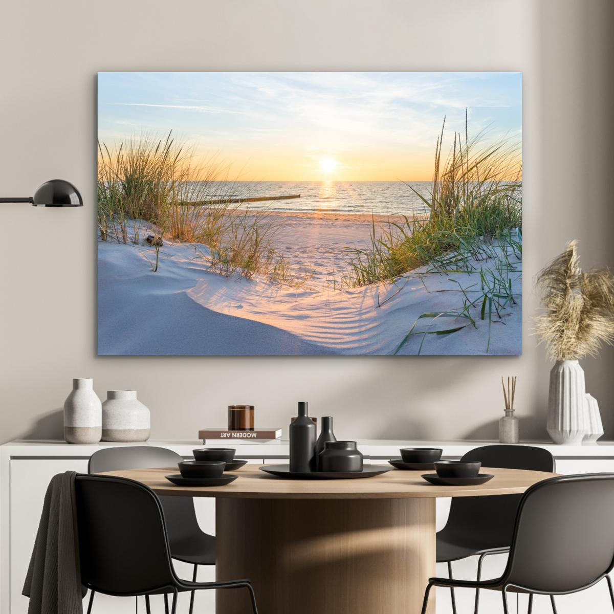 METALLBILD Strand - Sonne - Düne - Gras - Sand - Horizont Deko Groß 120x80 cm - Hellblau, Metall (120/80cm) - MuchoWow