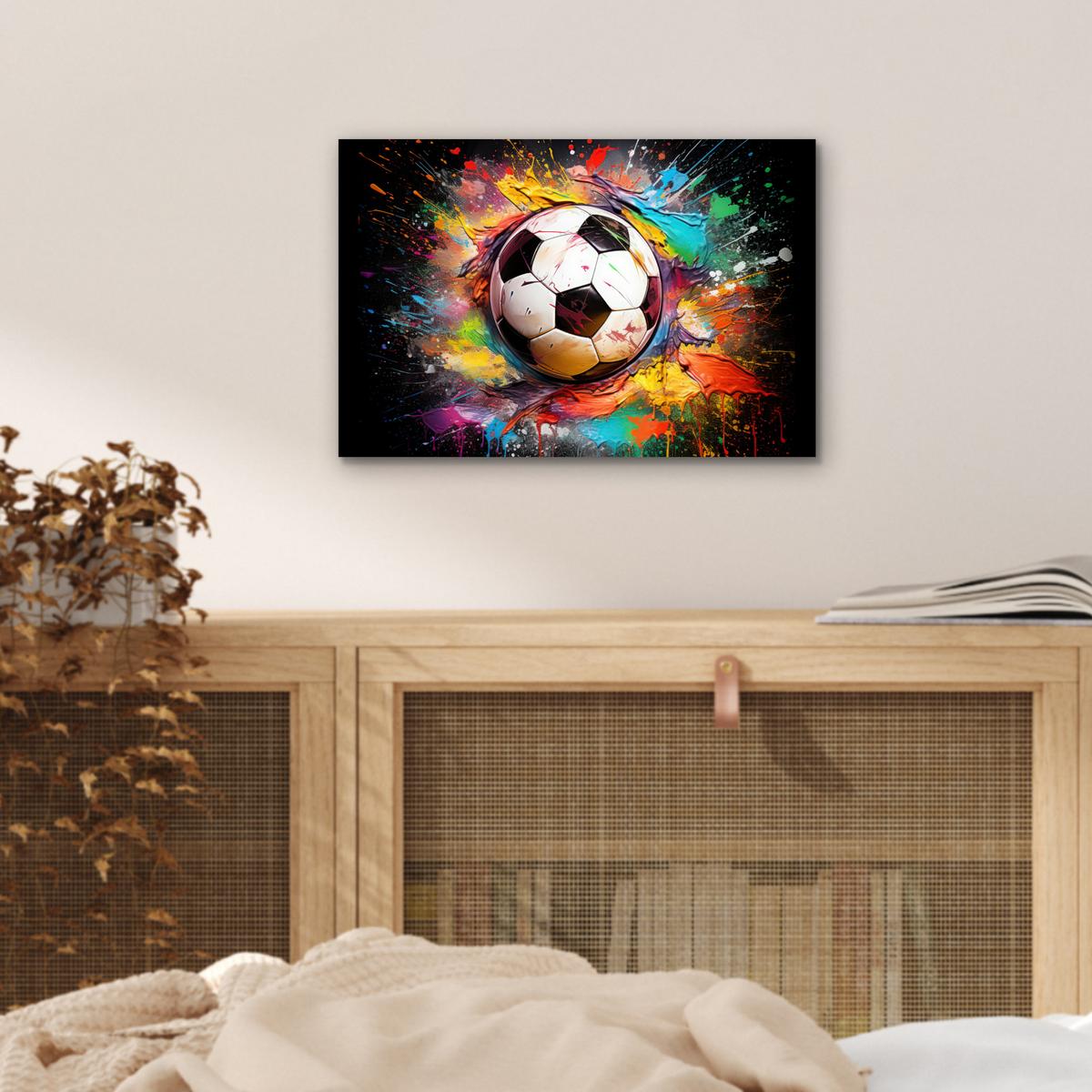 METALLBILD Fußball - Farbe - Farben - Schwarz - Weiß 30x20 cm - Weiß, Metall (30/20cm) - MuchoWow