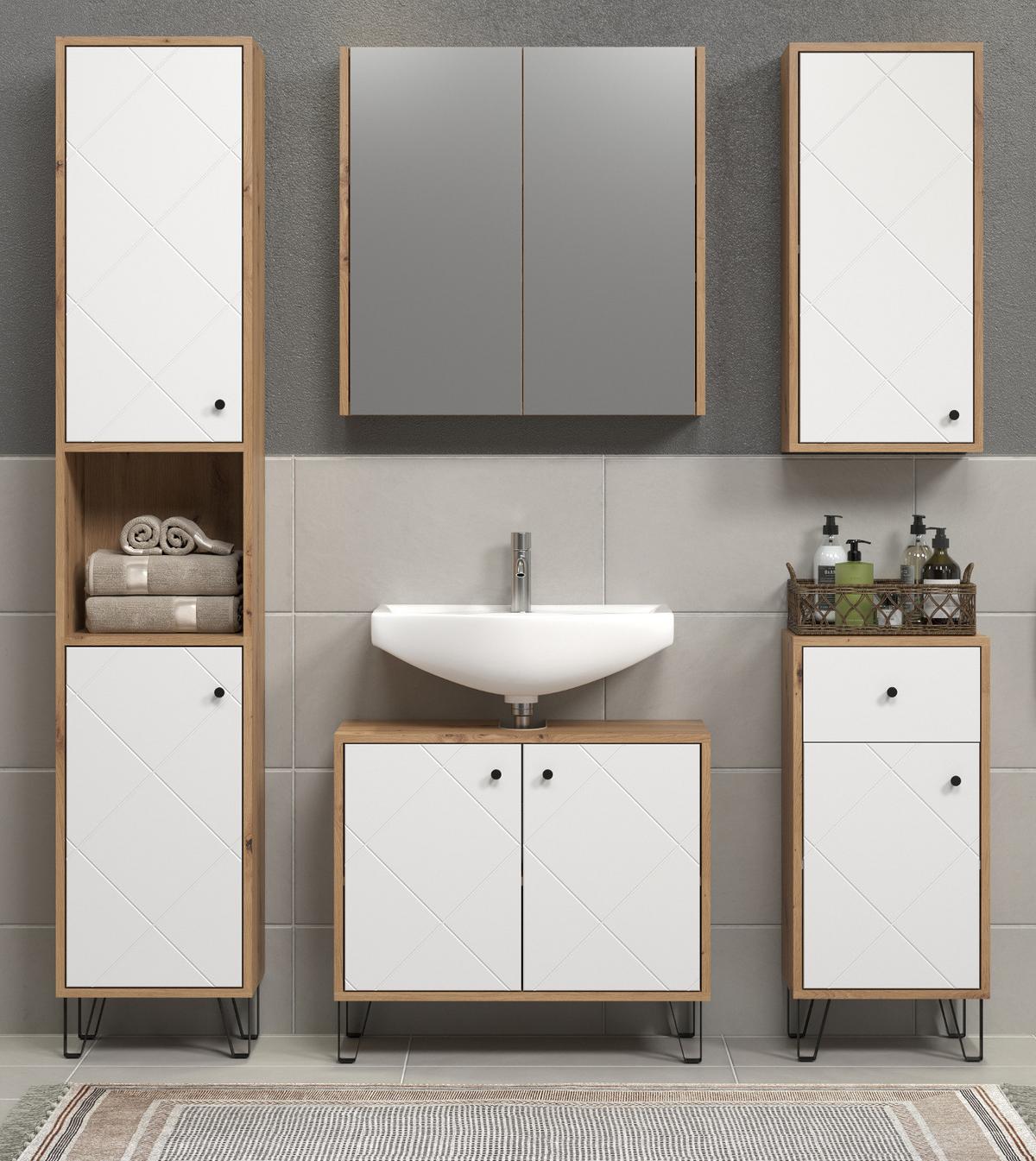 BADKOMMODE weiß matt Lack, Artisan Eiche, Badschrank 36 x 79 cm - Schwarz/Weiß, Holzwerkstoff/Kunststoff (36/79/29cm) - Top.Furn