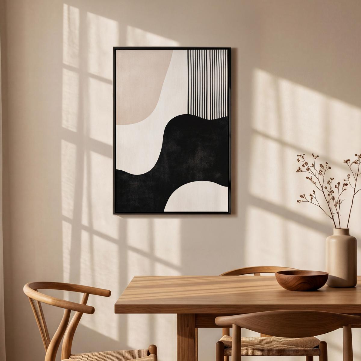 LEINWAND Bilder mit Rahmen - Abstrakt - Japandi - Beige - Modern - 60x90 - Schwarz, Textil (60/90cm) - MuchoWow