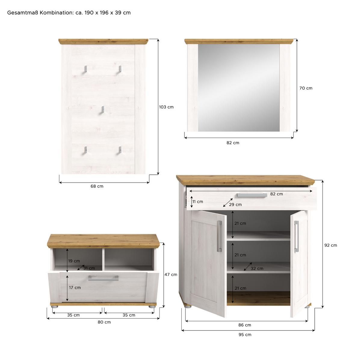 GARDEROBE Set 4-teilig weiß Lärche 190 cm, Komplettset im Landhaus-Stil - Silberfarben/Weiß, Glas/Holzwerkstoff (190/196/39cm) - Inn.Furn