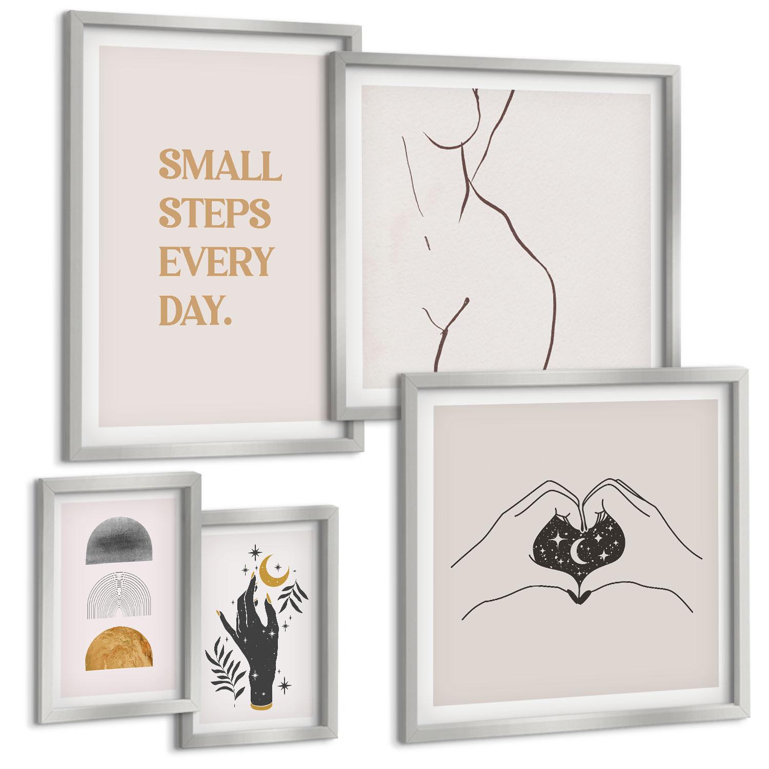 BILDER SET 5er Set - 50x50 cm & 20x30 cm & 40x60 cm Silberner Rahmen - Abstrakte Blumen aus Marmor - Silberfarben, Kunststoff (40/60cm) - TULUP