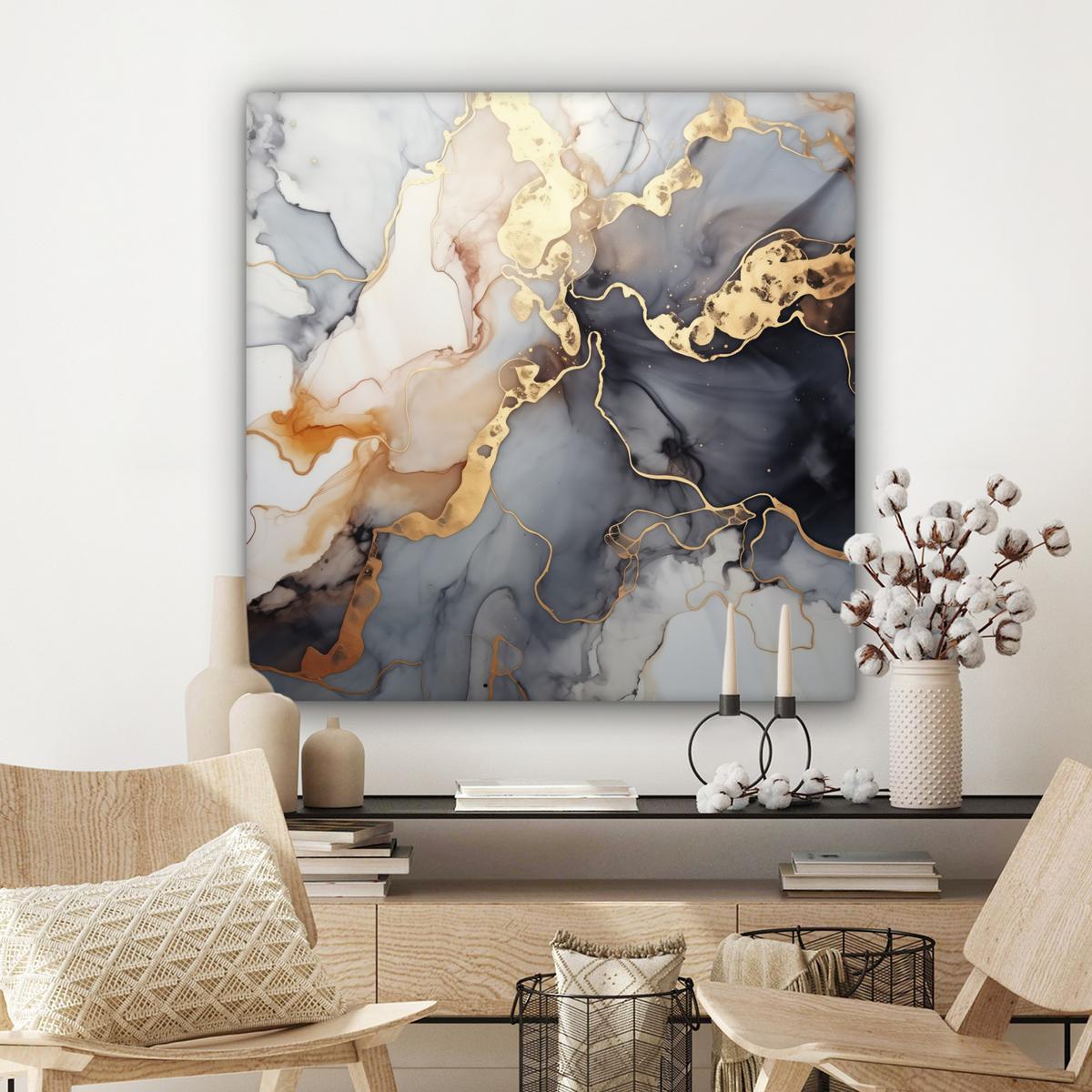 LEINWANDBILD Marmor - Schwarz - Gold - Weiß Deko Groß 90x90 cm - Dunkelgrau, Textil (90/90cm) - MuchoWow