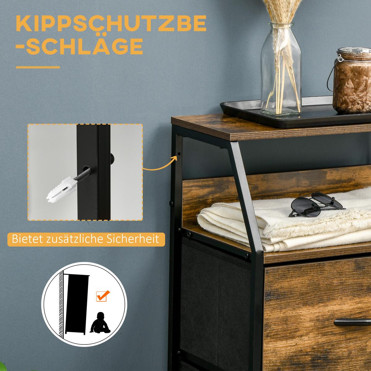 KOMMODE aus Stoff Aufbewahrungsschrank mit 3 Schubladen, Ablage Braun - Braun, Textil (29/92/44cm) - HOMCOM