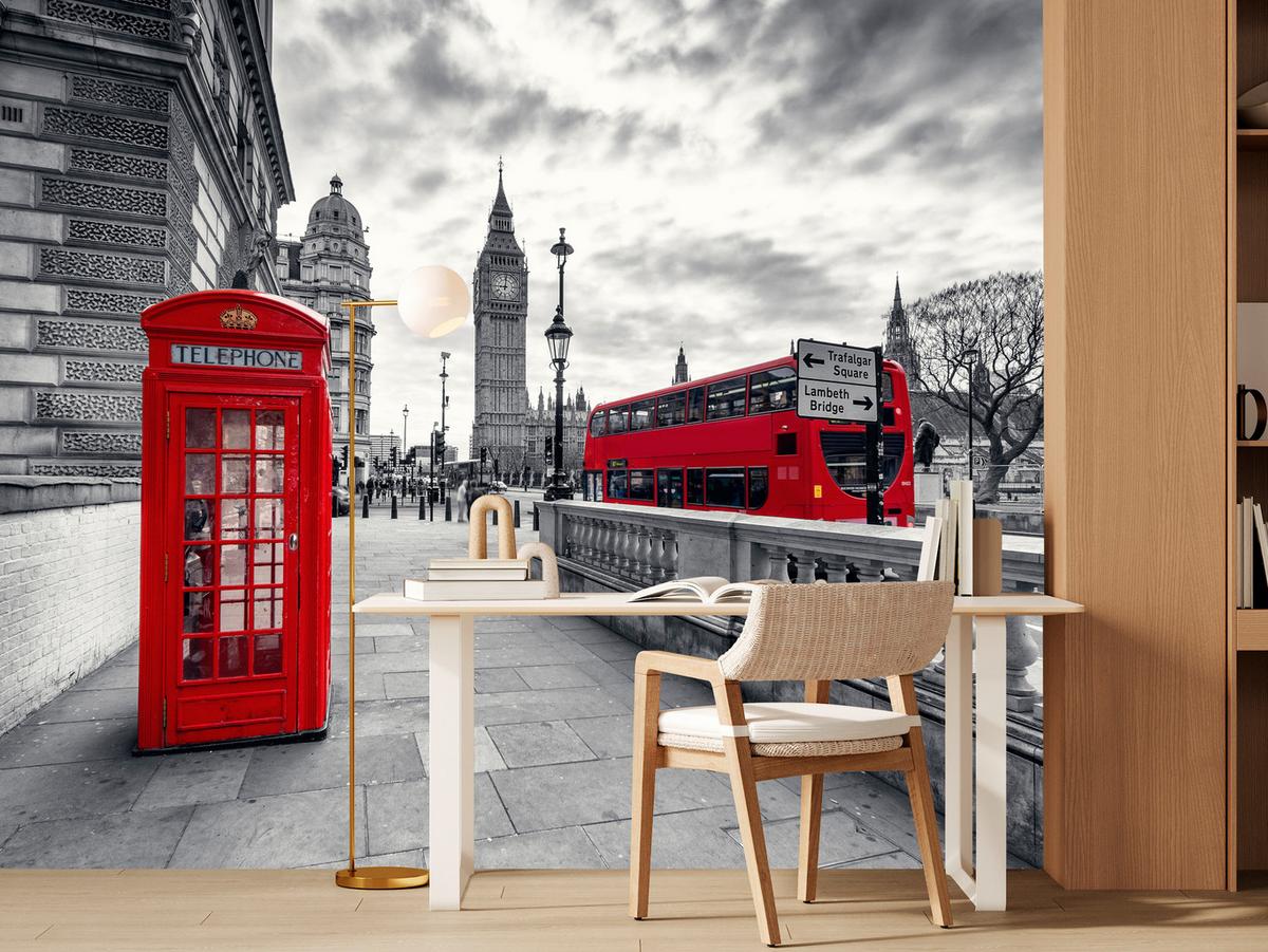 FOTOTAPETE für Wohnzimmer Rote Telefonzelle London Monument BIG BEN Bus 150x105 - Rot/Weiß, Papier (150/105cm) - Muralo