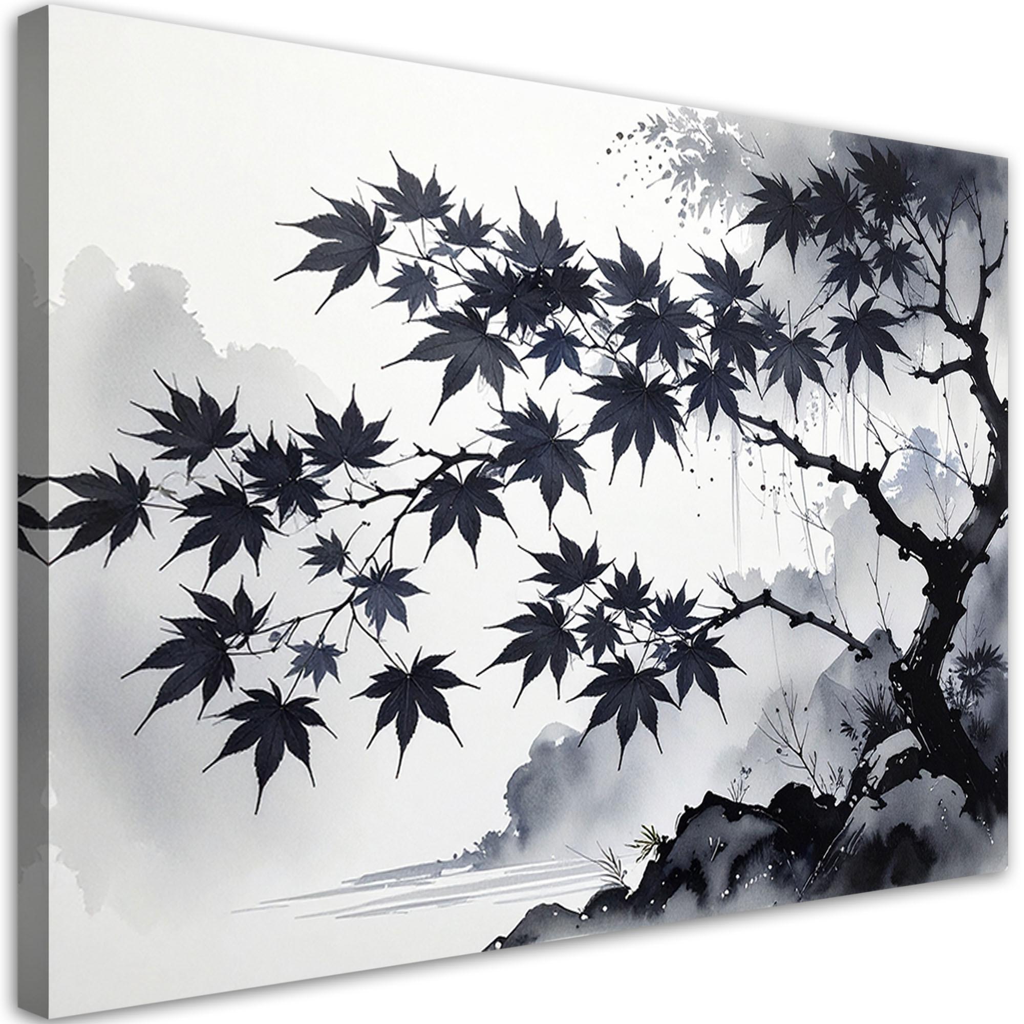 BILD auf Leinwand, Schwarze Ahornblätter auf weißem Hintergrund - Schwarz, Textil (100/70cm) - Feeby