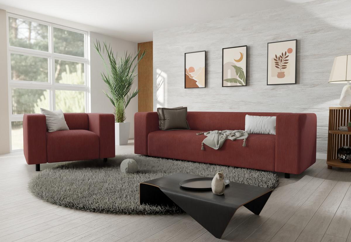 SITZGARNITUR 3+1 Tove Terrakotta Cord - Terracotta/Schwarz, Holz/Kunststoff (175/65/80cm) - S-Style Möbel