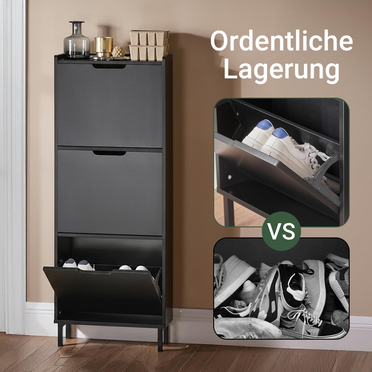 SCHUHSCHRANK mit 3 Klappen, Schwarz 50x129x19cm - Schwarz, Holzwerkstoff/Metall (50/129/19cm) - SoBuy