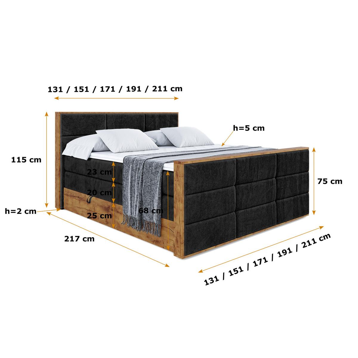 BOXSPRINGBETT mit Matratze H3|H4 und Lattenrost - LOLLI1-Z KING-200x200 - Schwarz Casablanca - Schwarz, Holzwerkstoff (200/200cm) - ALTDECOR
