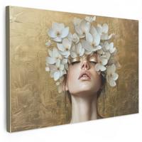 LEINWANDBILD Gesicht - Blumen - Gold - Abstrakt Gemälde 60x40 cm - Goldfarben, Textil (60/40cm) - MuchoWow