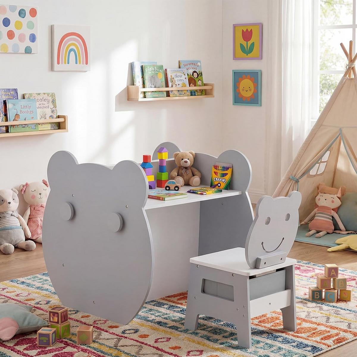 KINDERTISCH mit stuhl grau(2-tlg) - Grau, Holzwerkstoff (59.5/60/60cm) - COSTWAY