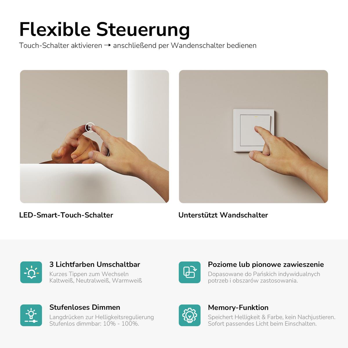 BADSPIEGEL LED abgerundet 3 Farbtemperaturen Touch-Schalter 80/60 cm - Transparent, Glas (80/60/3cm) - EMKE