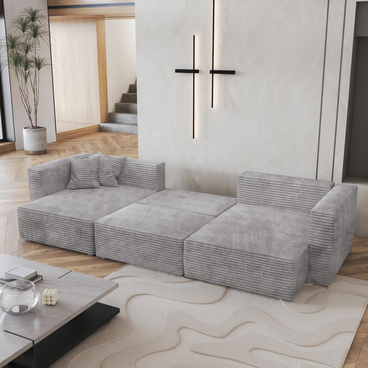 WOHNLANDSCHAFT SARMO Hellgrau Kordstoff mit Schlaffunktion - Hellgrau/Grau, Holz/Kunststoff (347/90/148cm) - MASSENO