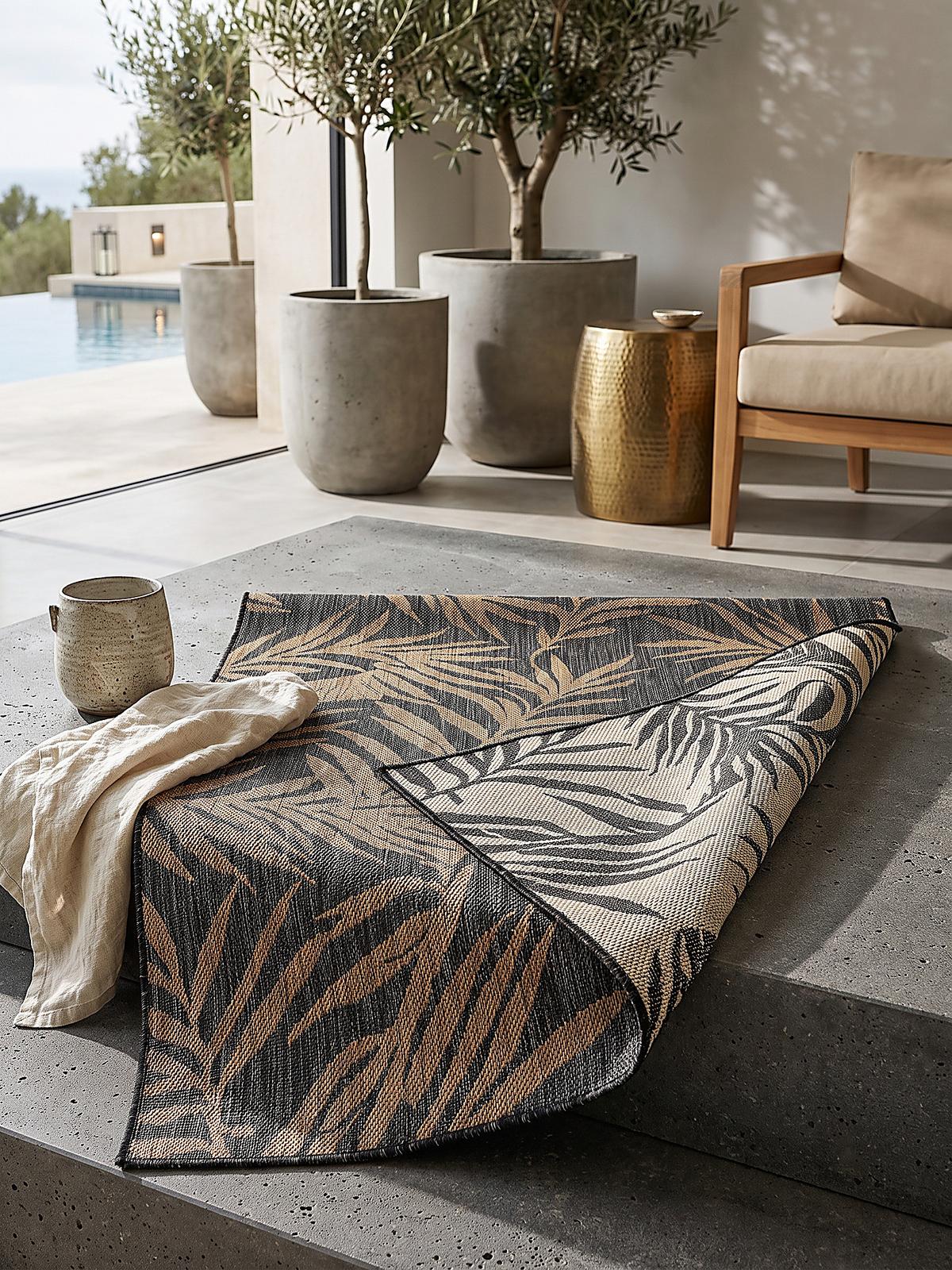 TEPPICH Flachgewebe, Outdoor, Fußbodenheizung-geeignet, mit Blattmotiv, VIGOLENO in Schwarz-Beige, 240 x 340 cm - Schwarz, Textil (240/340cm) - KADIMA DESIGN
