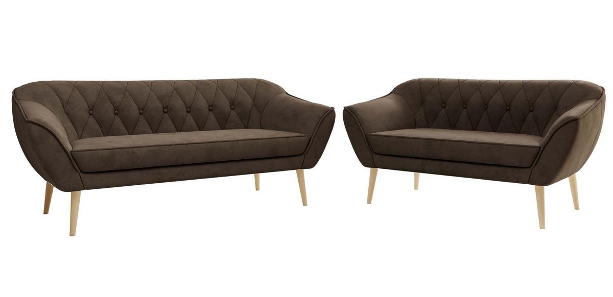 SITZGARNITUR PIRS 3+2 - Braun Velvet - Holzbeine - Dunkelbraun/Buchefarben, Holzwerkstoff/Textil (180/75/74cm) - MKS