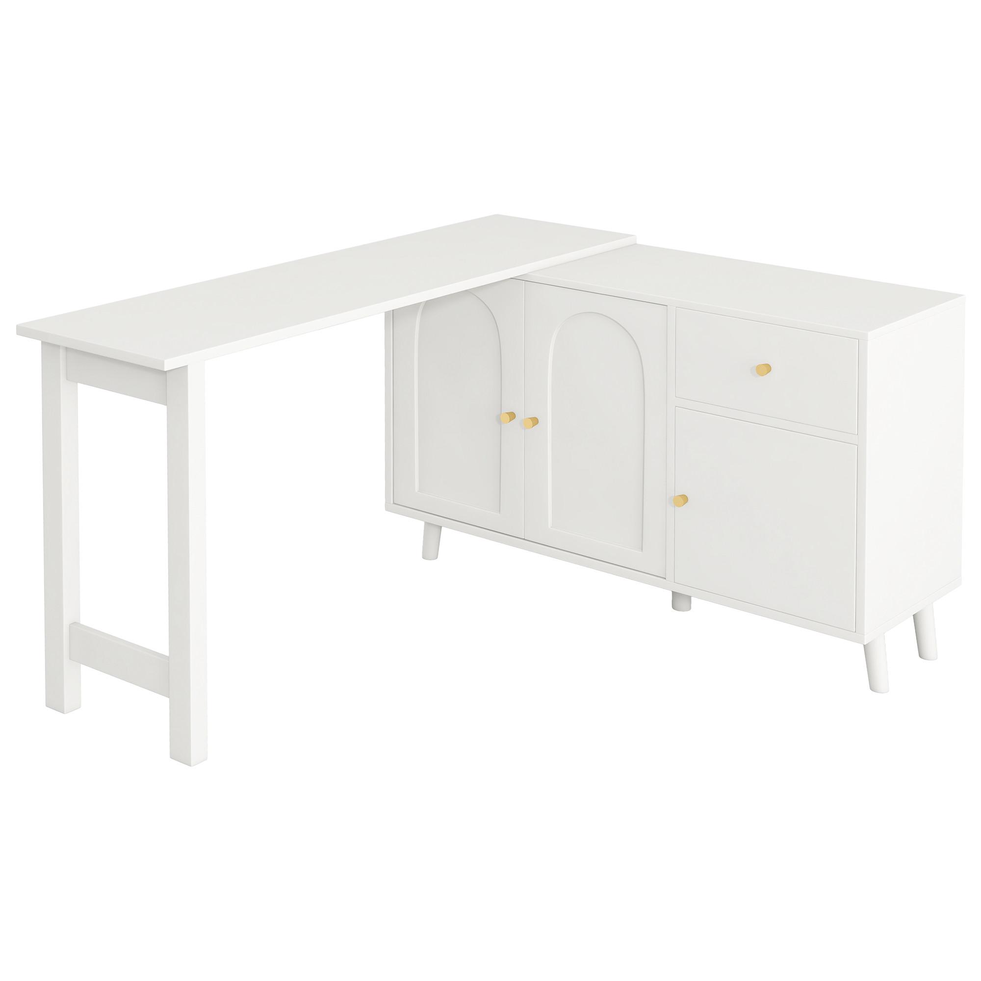 SCHREIBTISCH 360° Drehbar Weiß mit Sideboard 3 Türen & 1 Schublade - Weiß, Holzwerkstoff (40/120/74.5cm) - Urban Meuble
