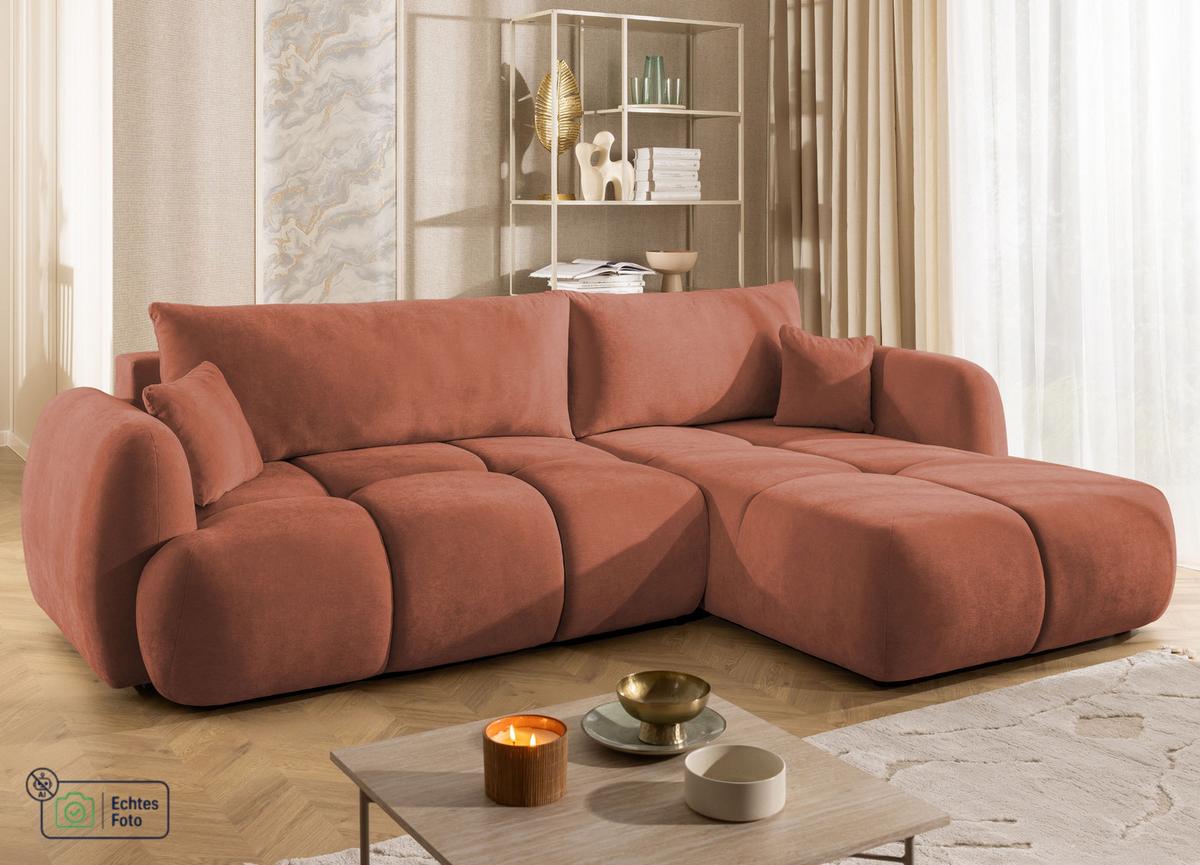 ECKSOFA Loretto aus natürlichem Terrakotta Webstoff mit Schlaffunktion, Bettkasten und tiefen Steppungen in Bubble-Optik - Terracotta/Schwarz, Holz/Kunststoff (275/180cm) - S-Style
