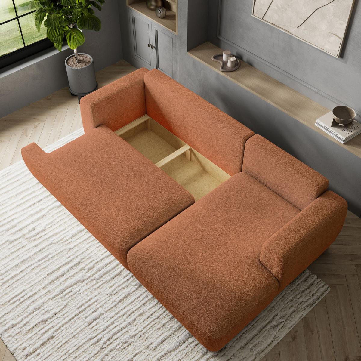 ECKSOFA SENTI N R-S Orange Boucle-Stoff mit Schlaffunktion - Schwarz/Orange, Holz/Kunststoff (246/148cm) - MASSENO