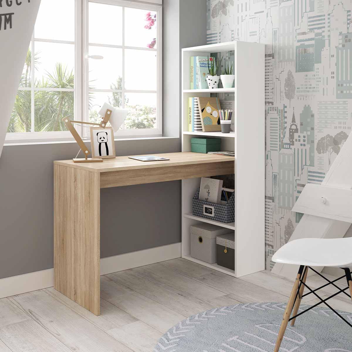 SCHREIBTISCH mit Regal - L120 cm - Eiche Bianco, Holzwerkstoff (6.7/53/144cm) - Calicosy