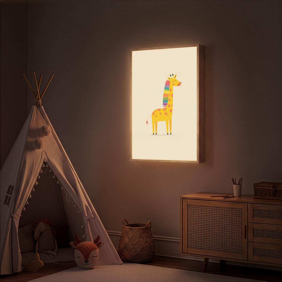 WANDLEUCHTE MIT AKKU Giraffe - Regenbogenmähne - Beige 60x90 cm - Beige, Holzwerkstoff (60/90/8cm) - OnlyWow