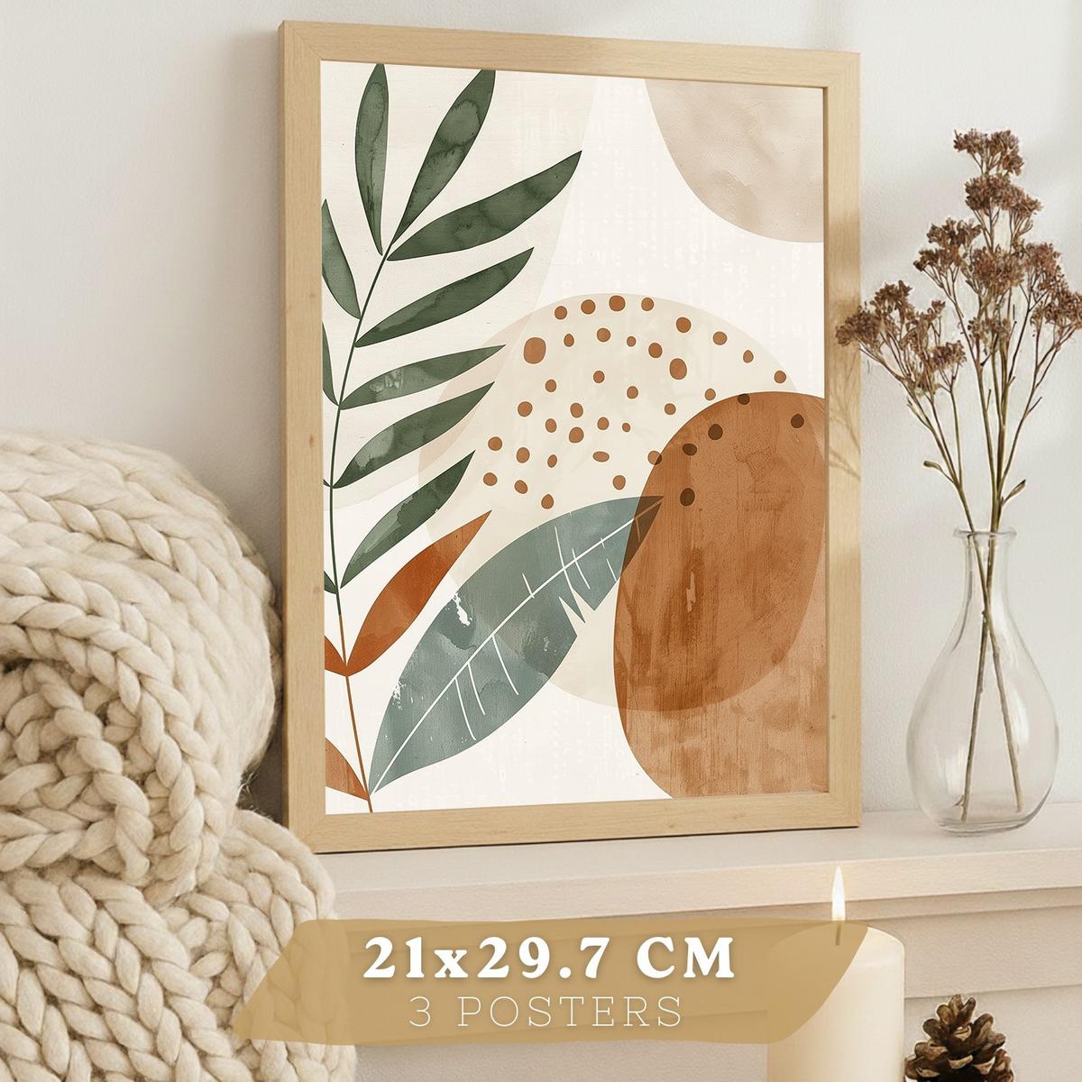 POSTER 3er Kunstdruck-Set Wandbilder Floral Abstrakt modern Wohnzimmer Deko, Schlafzimmer, Küche, Badezimmer Leichter Holzrahmen A4 - Beige, Papier (29.7/1/21cm) - Nacnic