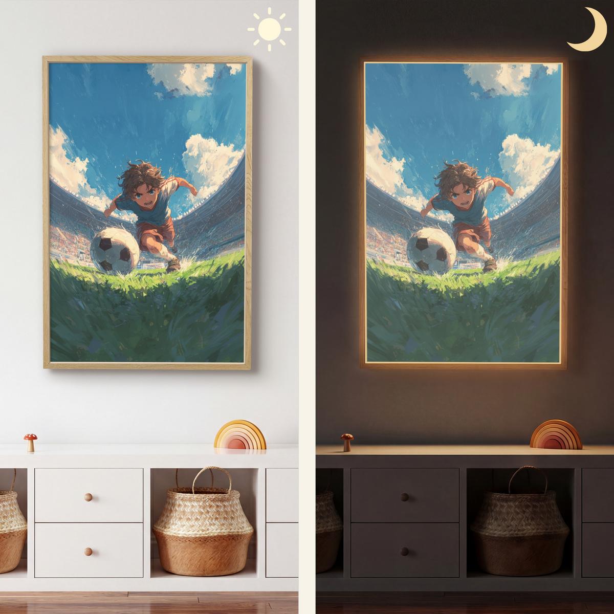 WANDLEUCHTE MIT AKKU Stadion - Fußballer - Ball 70x100 cm - Blau, Holzwerkstoff (70/100/8cm) - OnlyWow