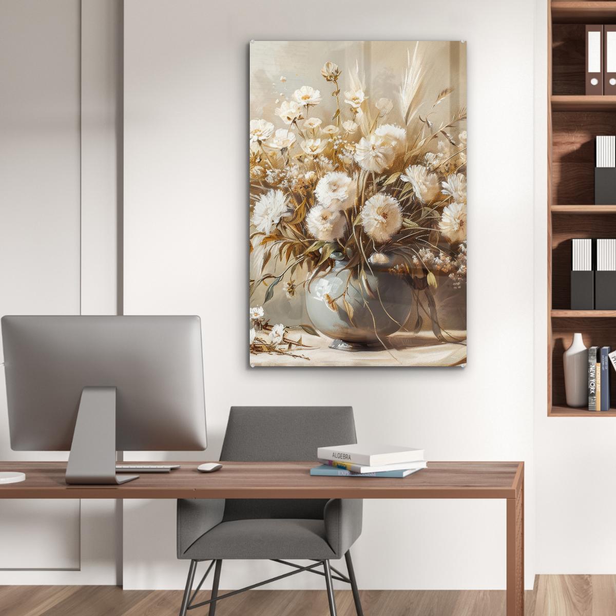 ACRYLGLASBILD Blumen - Vase - Stilleben - Beige 80x120 cm - Creme, Glas (80/120cm) - MuchoWow