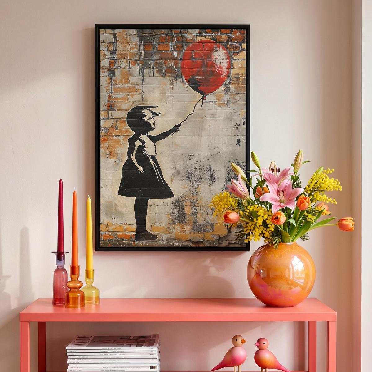 LEINWAND Bilder mit Rahmen - Graffiti - Banksy - Mädchen - Straßenkunst - 40x60 - Sandfarben, Textil (40/60cm) - MuchoWow