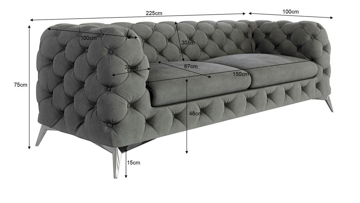 CHESTERFIELD-SOFA 3-Sitzer Laura Grau Samt - Silberfarben/Grau, Holz/Textil (225/75/100cm) - S-Style Möbel