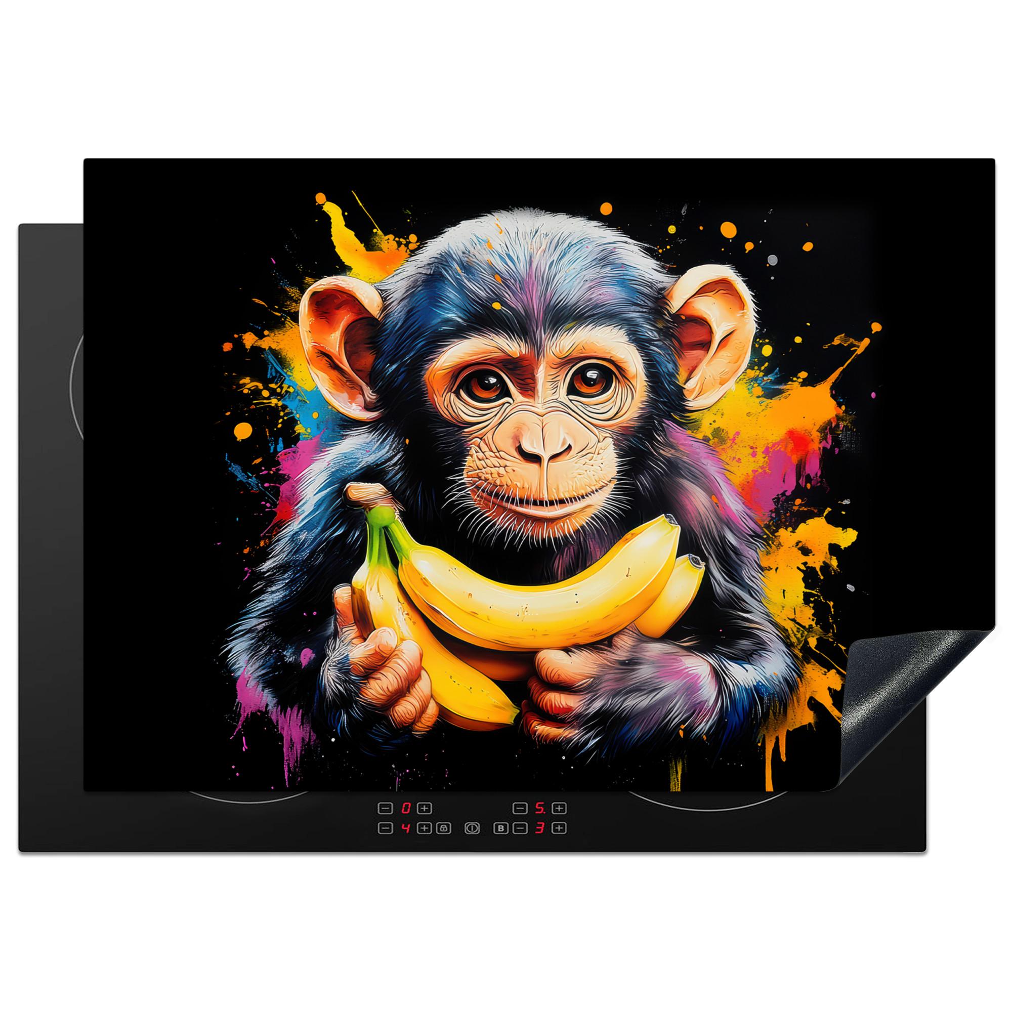 HERDABDECKPLATTE Affe - Graffiti - Farbenfroh - Bananen - Modern Herdabdeckung Induktionsfeld 75x52 cm - Gelb, Kunststoff (75/52/0.2cm) - MuchoWow