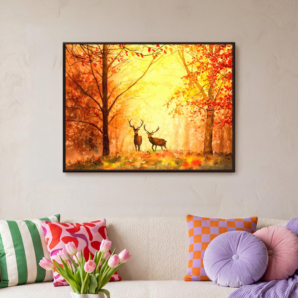 LEINWAND Bilder mit Rahmen - Natur - Ölfarbe - Hirsche - Tiere - Herbst - Orange - 70x50 - Orange, Textil (70/50cm) - MuchoWow