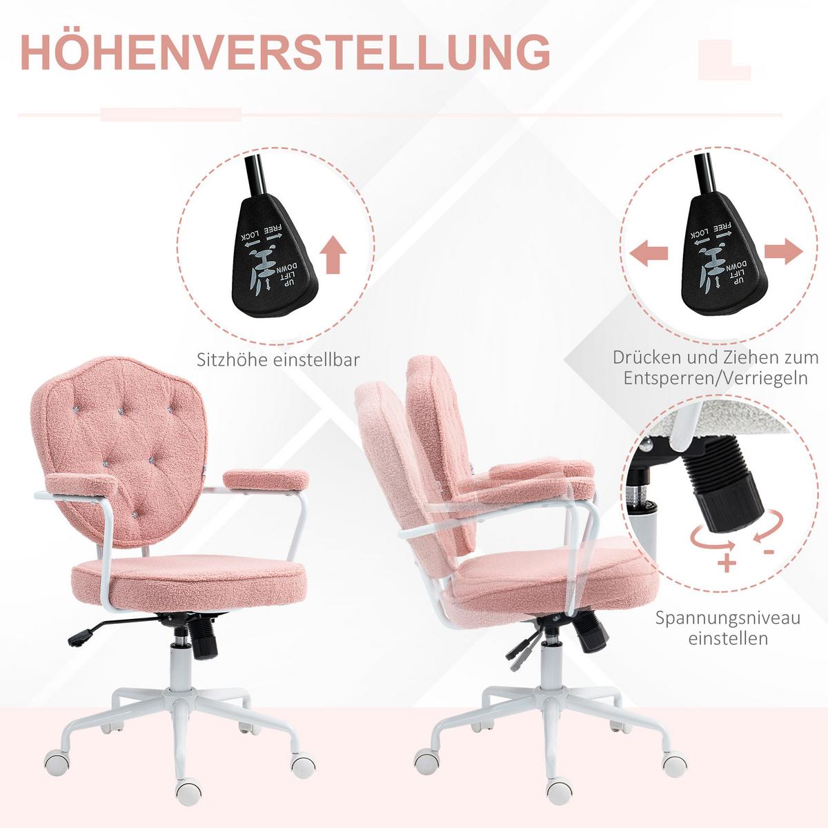BÜROSTUHL, Ergonomisch Schreibtischstuhl mit Wippfunktion, Drehbar, Rosa - Rosa/Weiß, Kunststoff/Textil (61.5/101/63cm) - HOMCOM