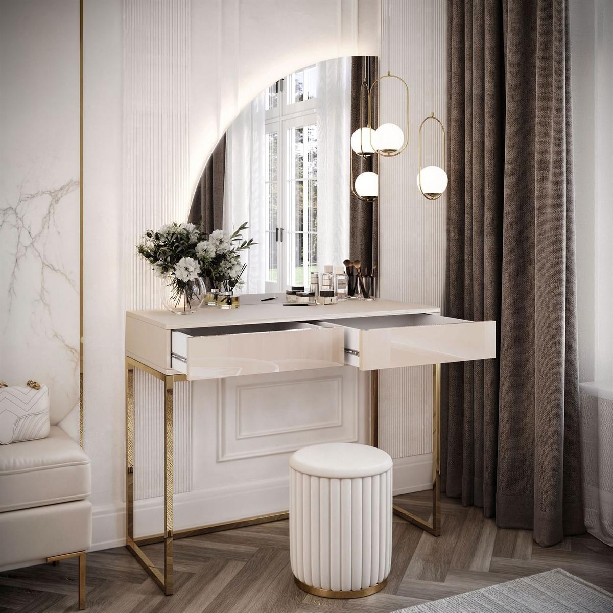 SCHMINKTISCH QUINNIE KASCHMIR mit LED-Spiegel gold Chrom links PUSH OPEN - Kaschmir/Goldfarben, Holzwerkstoff (100/175/42cm) - Lookway