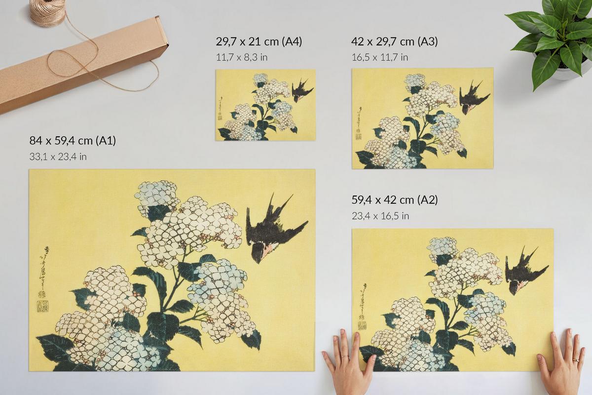 POSTER - 29x21 cm (A4) - Hokusai - Hortensie und die Schwalbe - Gelb, Textil (29.7/21/0.1cm) - TULUP