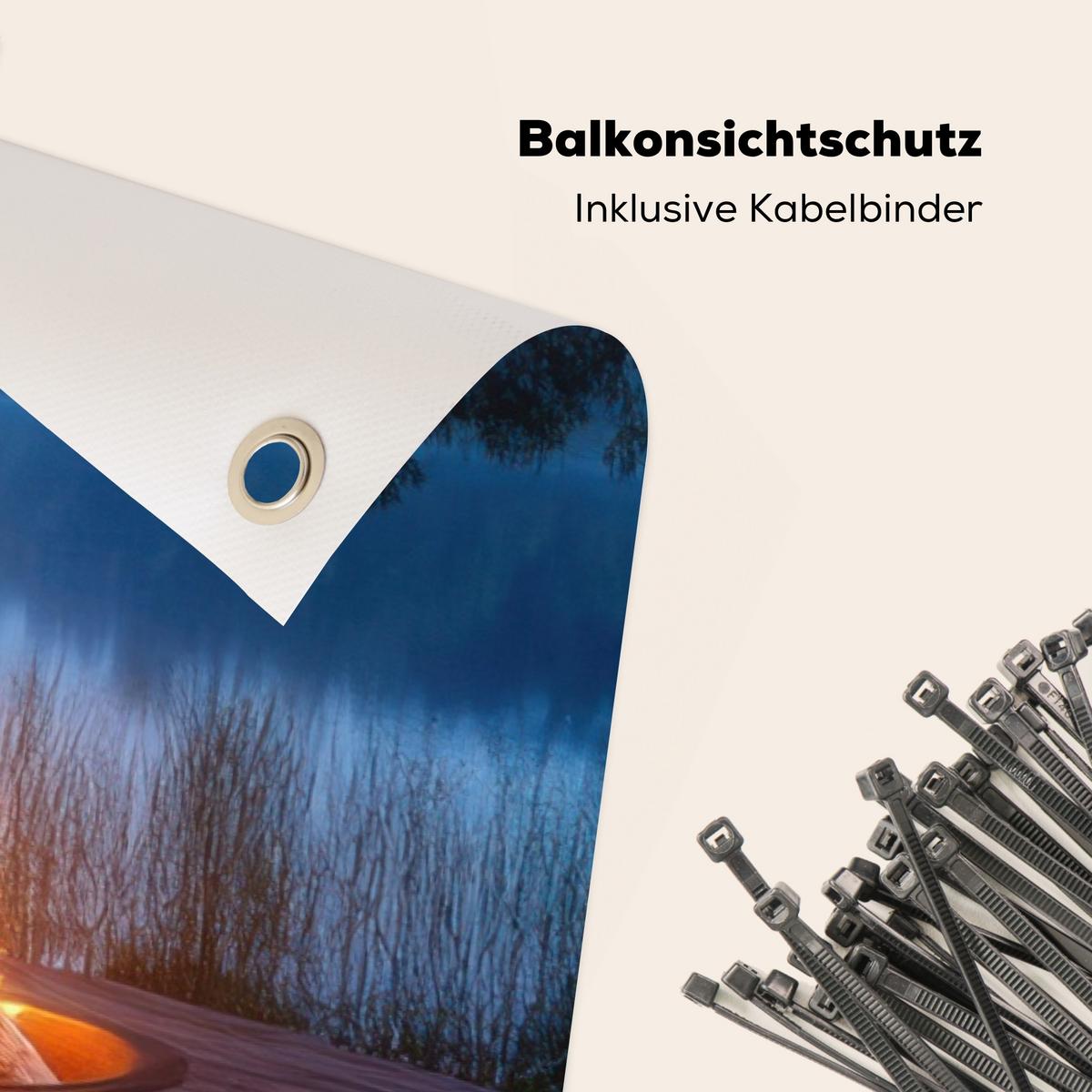 BALKON-SICHTSCHUTZ Lagerfeuer - See - Abendlicht Witterungsbeständig 200x110 cm - Dunkelblau, Kunststoff (200/110cm) - MuchoWow