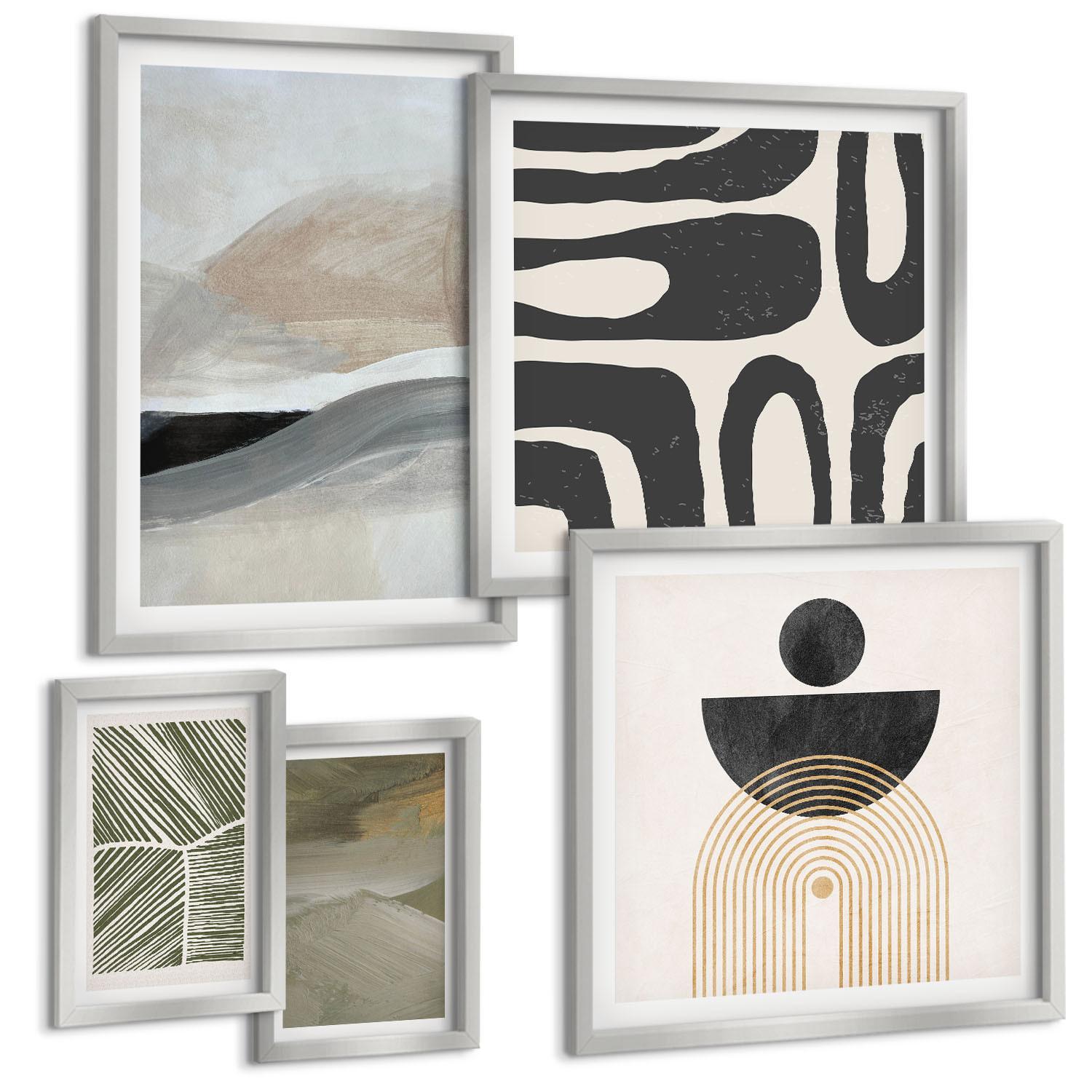 BILDER SET 5er Set - 50x50 cm & 20x30 cm & 40x60 cm Silberner Rahmen - Gemalte abstrakte Dekorationen - Silberfarben, Kunststoff (40/60cm) - TULUP
