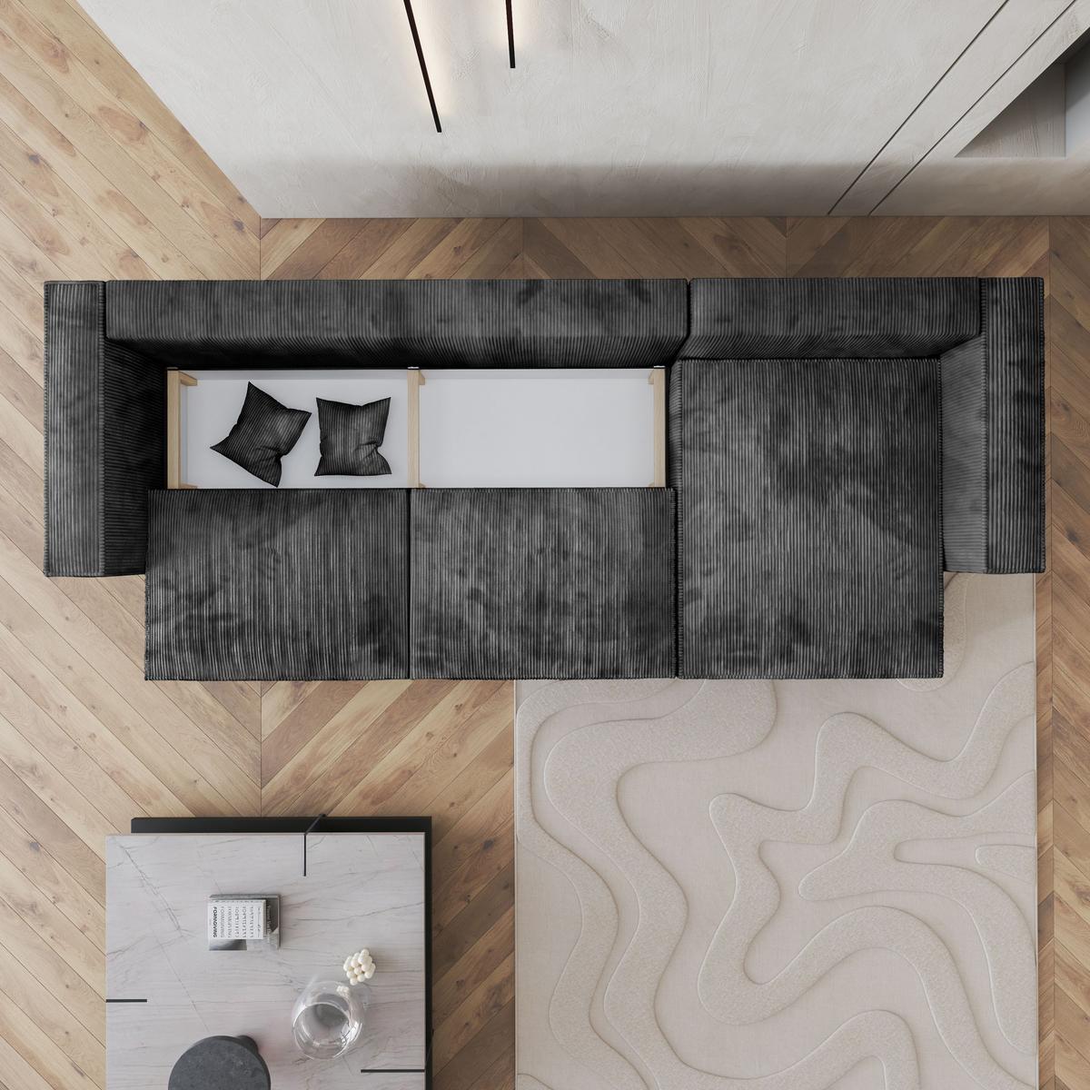 ECKSOFA TOLMO P Graphitfarben Kordstoff mit Schlaffunktion - Graphitfarben/Grau, Holz/Kunststoff (347/148cm) - MASSENO