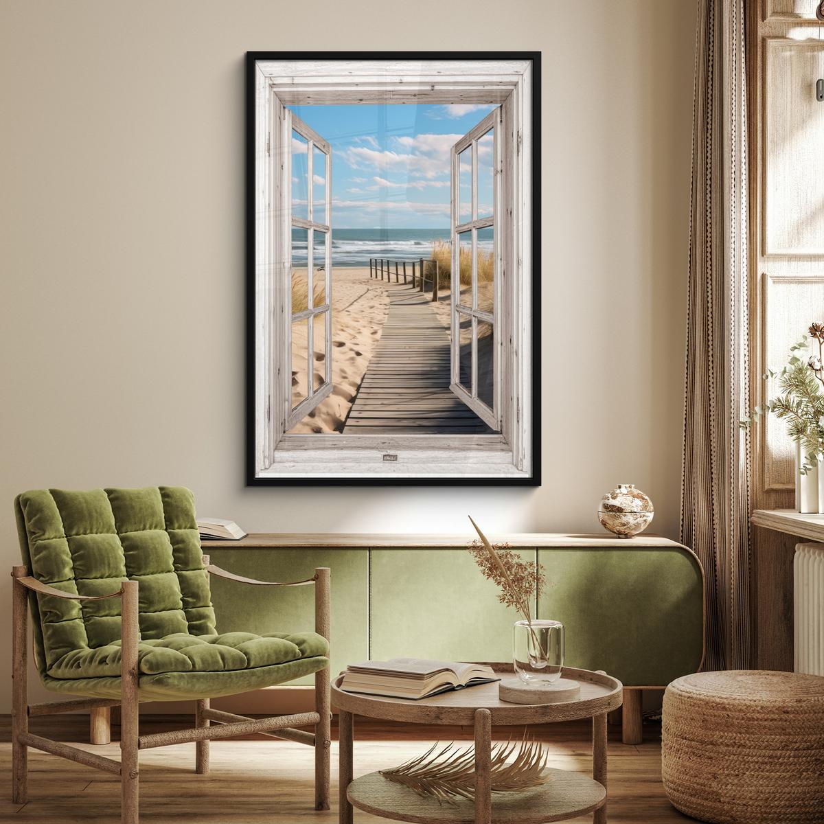 POSTER MIT RAHMEN Fenster - Meer - Küste - Natur - Ausblick - Strand - Wattenmeer Bilderleiste 80x120 cm - Beige, Papier (80/120cm) - MuchoWow