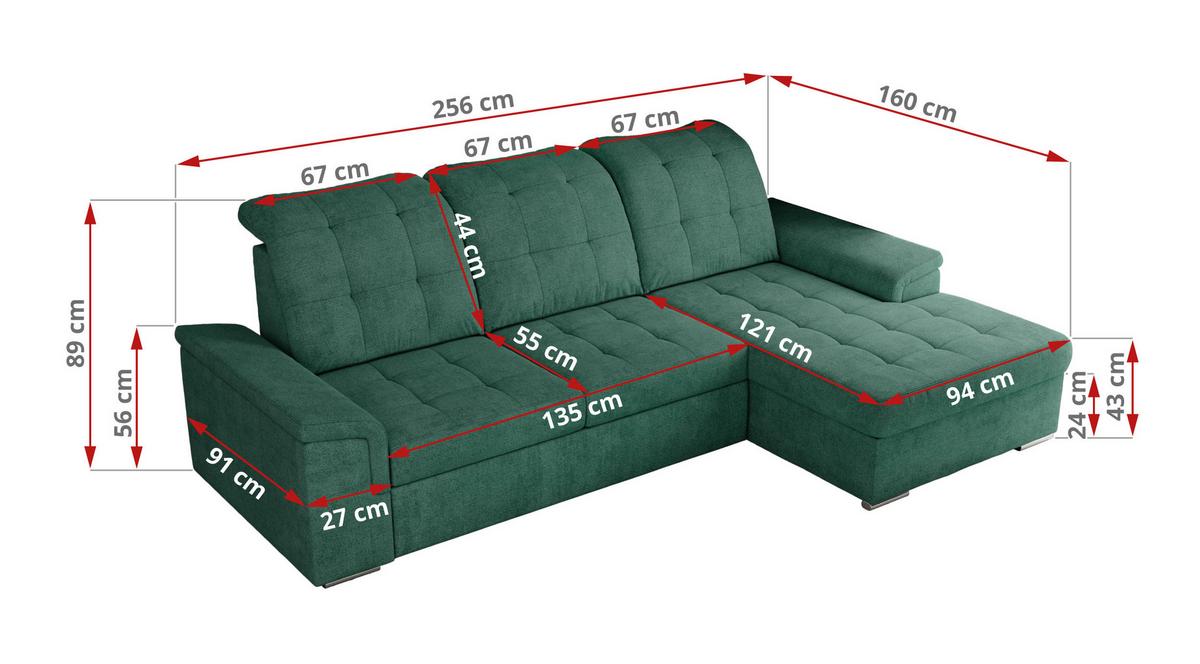 ECKSOFA MADRITO L - Grün Struktur - Links - Silberfarben/Grün, Textil/Metall (160/256cm)