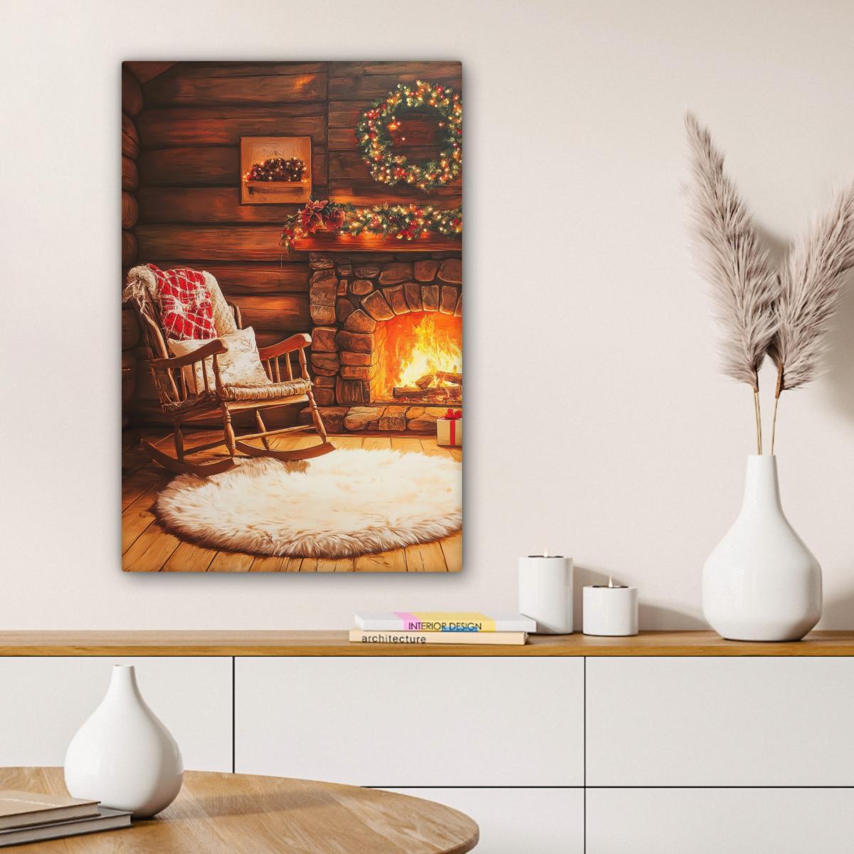 LEINWANDBILD Winter - Weihnachten - Zuhause - Kamin Wanddeko Schlafzimmer 60x90 cm - Bernsteinfarben, Textil (60/90cm) - MuchoWow