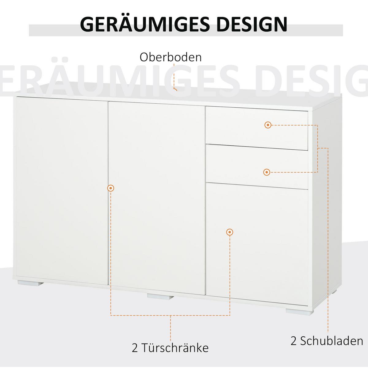 SIDEBOARD Aufbewahrungsschrank Mehrzweckschrank mit 2 Schublade 3 Türen Weiß - Weiß, Metall (36/74/117cm) - HOMCOM