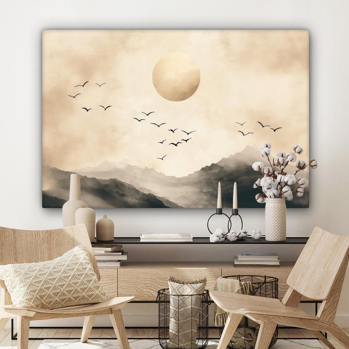 LEINWANDBILD Landschaft - Japandi - Vogel Wohnzimmer Groß 120x80 cm - Beige, Textil (120/80cm) - MuchoWow