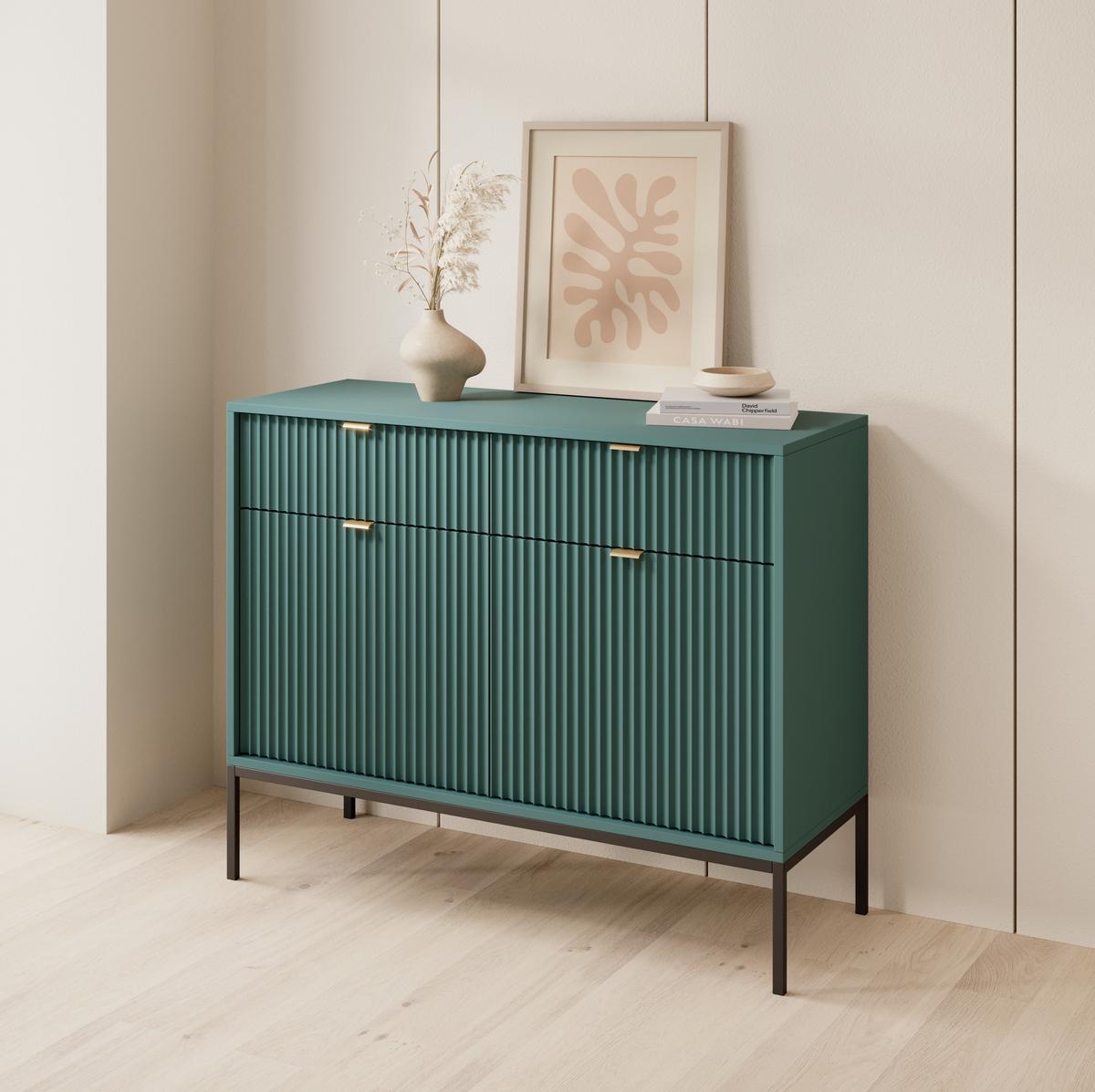 SIDEBOARD Eternas 2T 2S Grün 104/83/39 cm – schwarze Füße, mit geriffelten Fronten - Schwarz/Grün, Holzwerkstoff (104/83/39cm) - AX Living